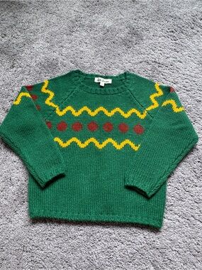 NWOT Hello Simone Green Knit Sweater with Yellow Zigzag and Red Dot Detail
